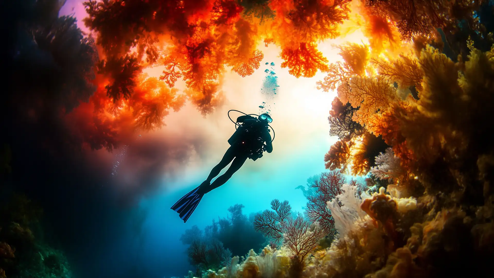 Scuba diver swimming underwater surrounded by vibrant orange and yellow coral reefs.